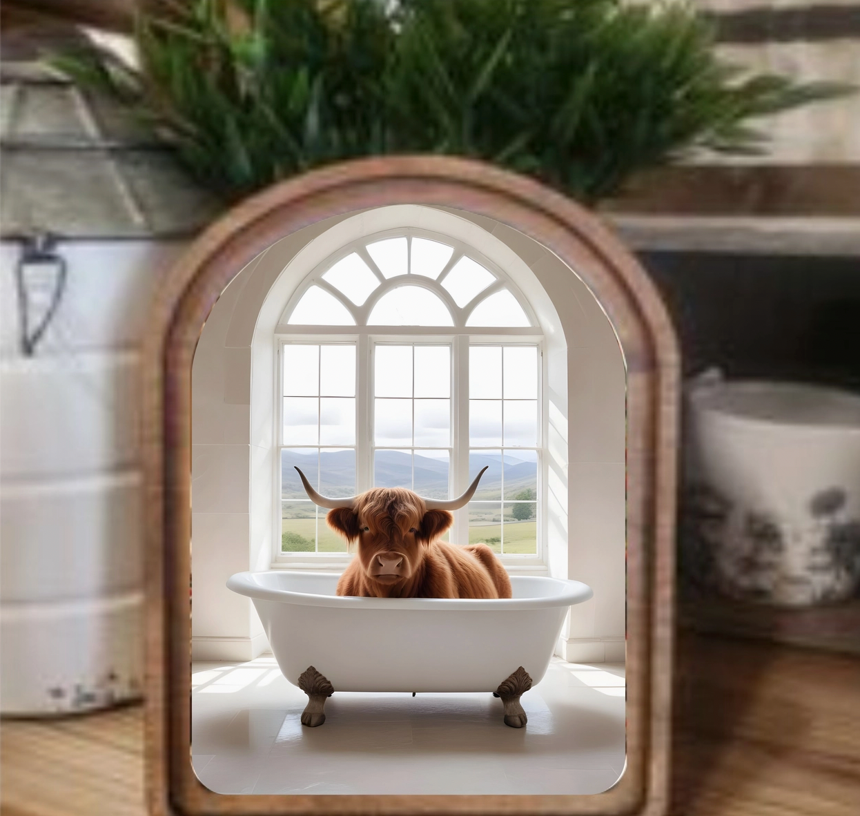 Arch Top Highland White Tub Framed Art