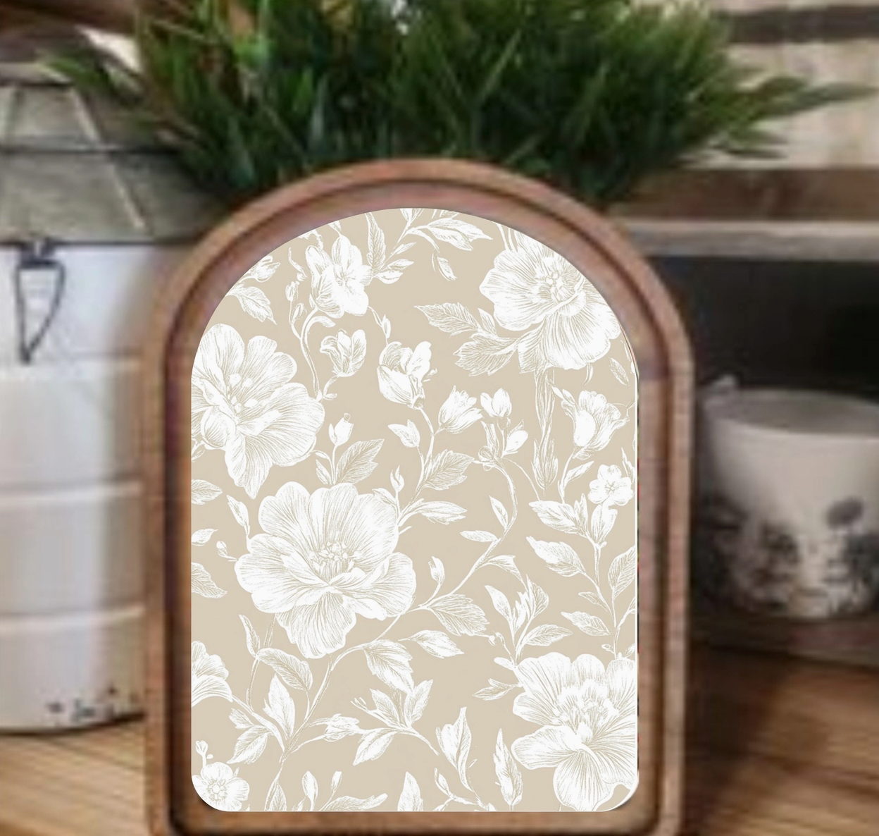 Arch Top Taupe White Floral Framed Art