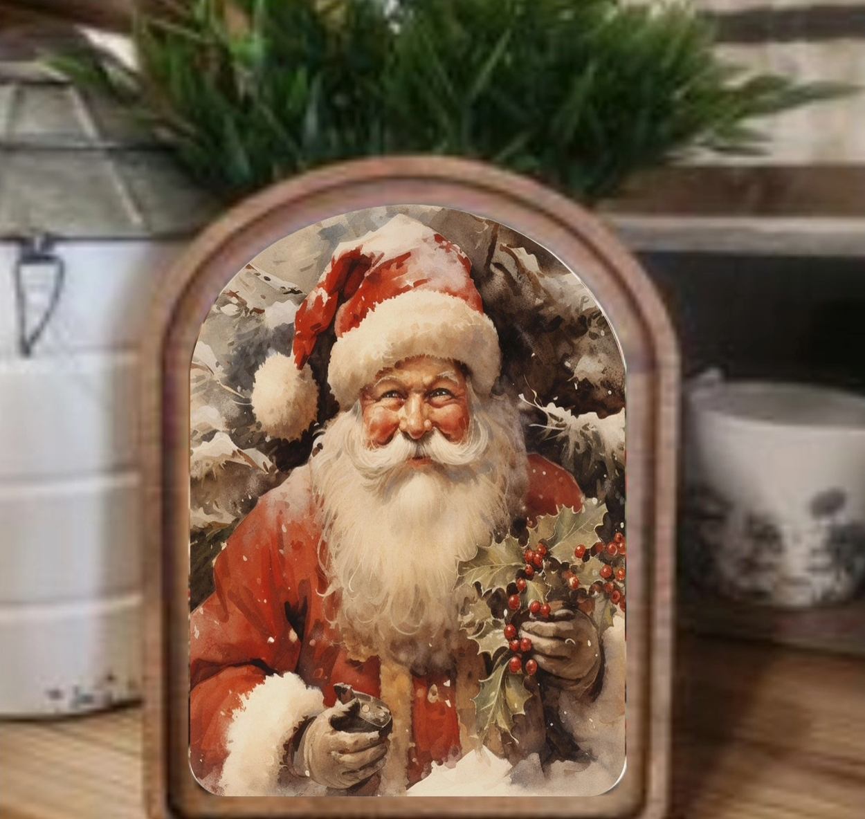Arch Top Santa with Holly Framed Art