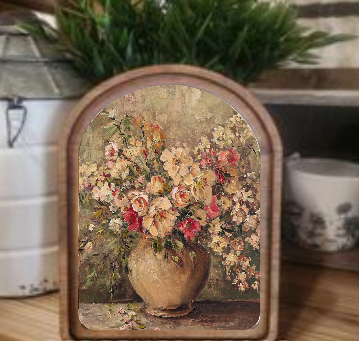 Arch Top Rustic Floral Vase Framed Art