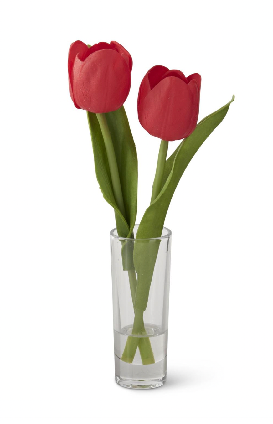 8.5 Inch Red Real Touch Double Tulip Premade in Glass Vase w/Faux Water