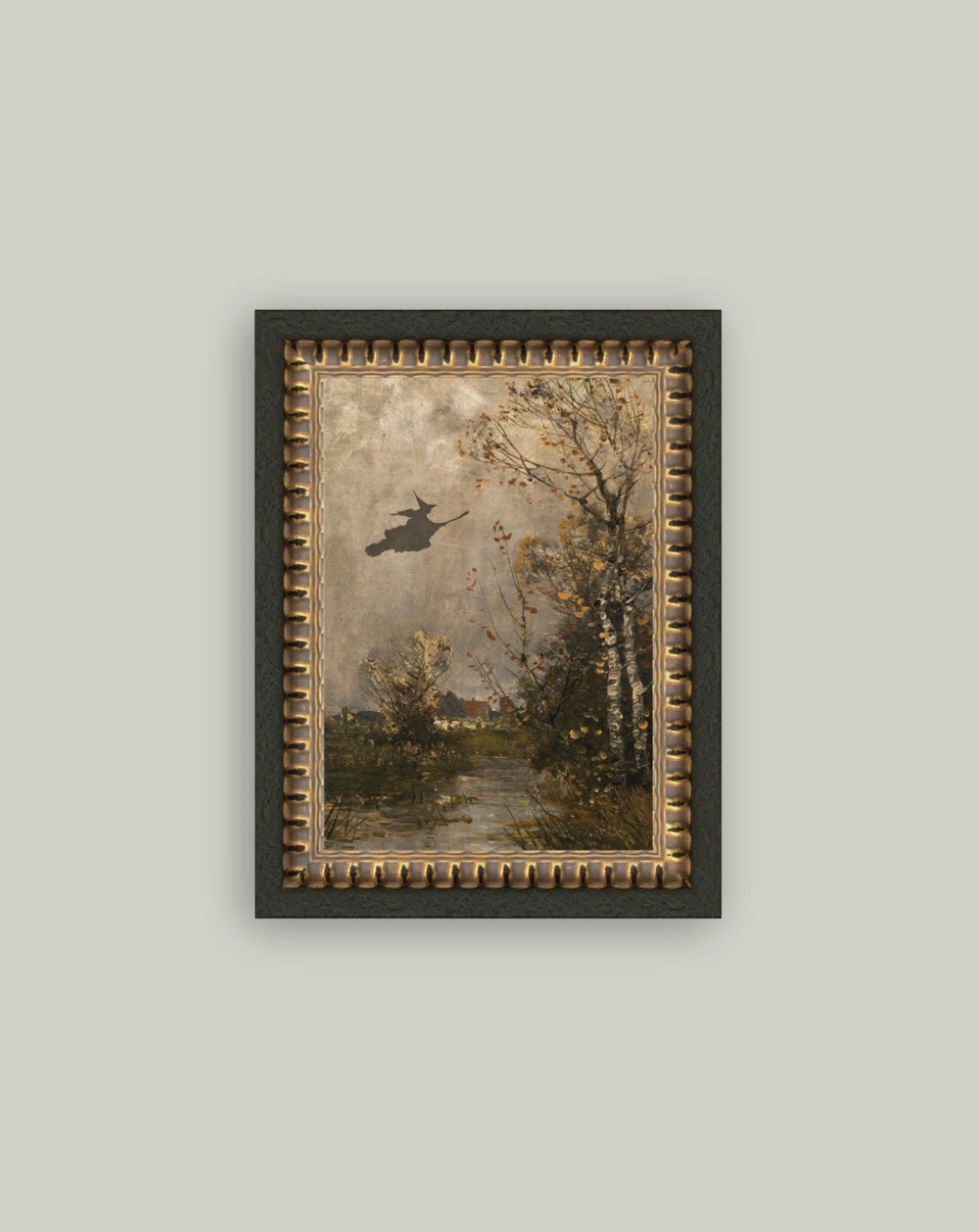 Flying Witch Landscape Framed Antique Art