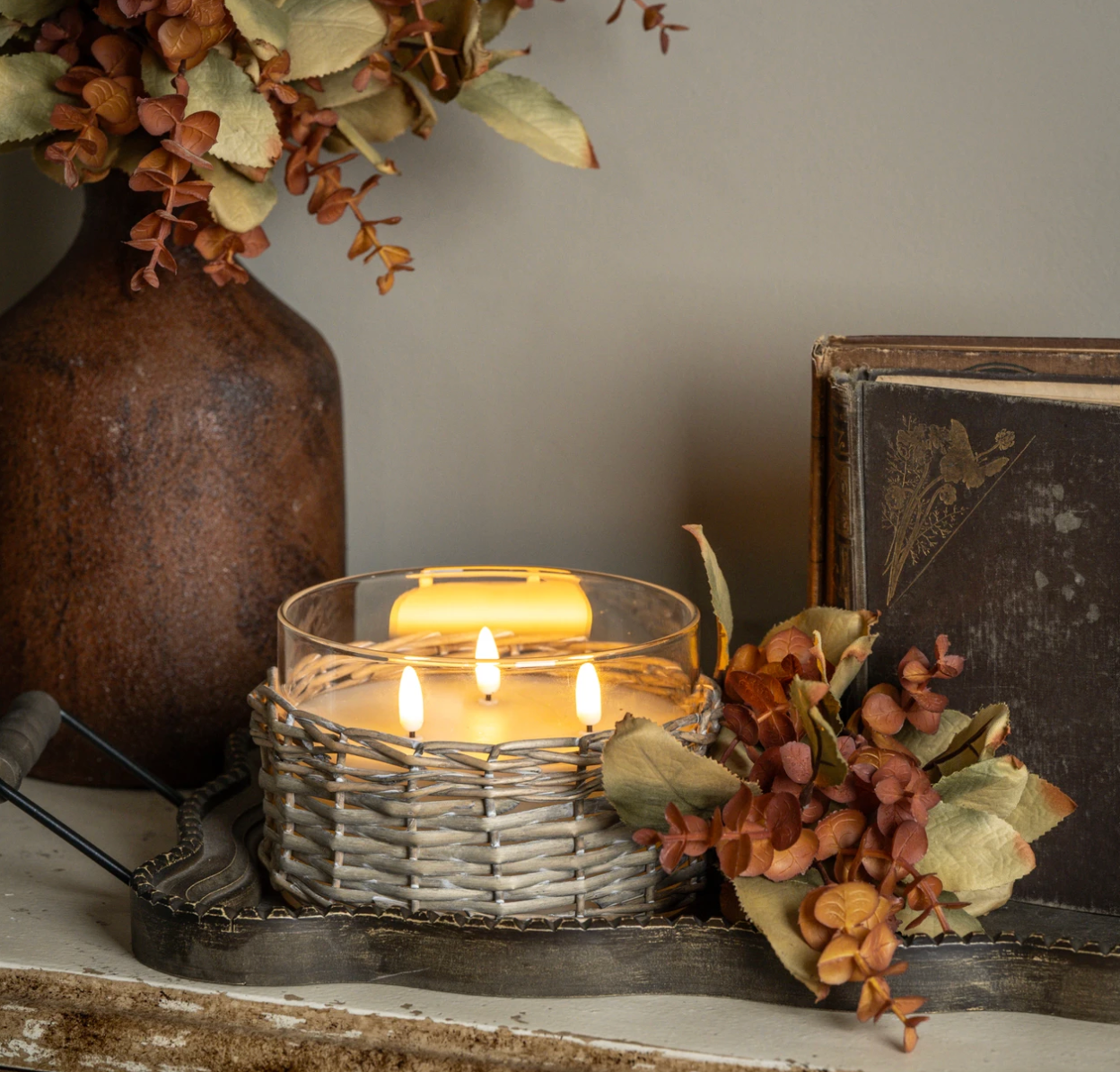 4" WOVEN WICKER GLASS 3 WICK 3D FLAME CANDLE
