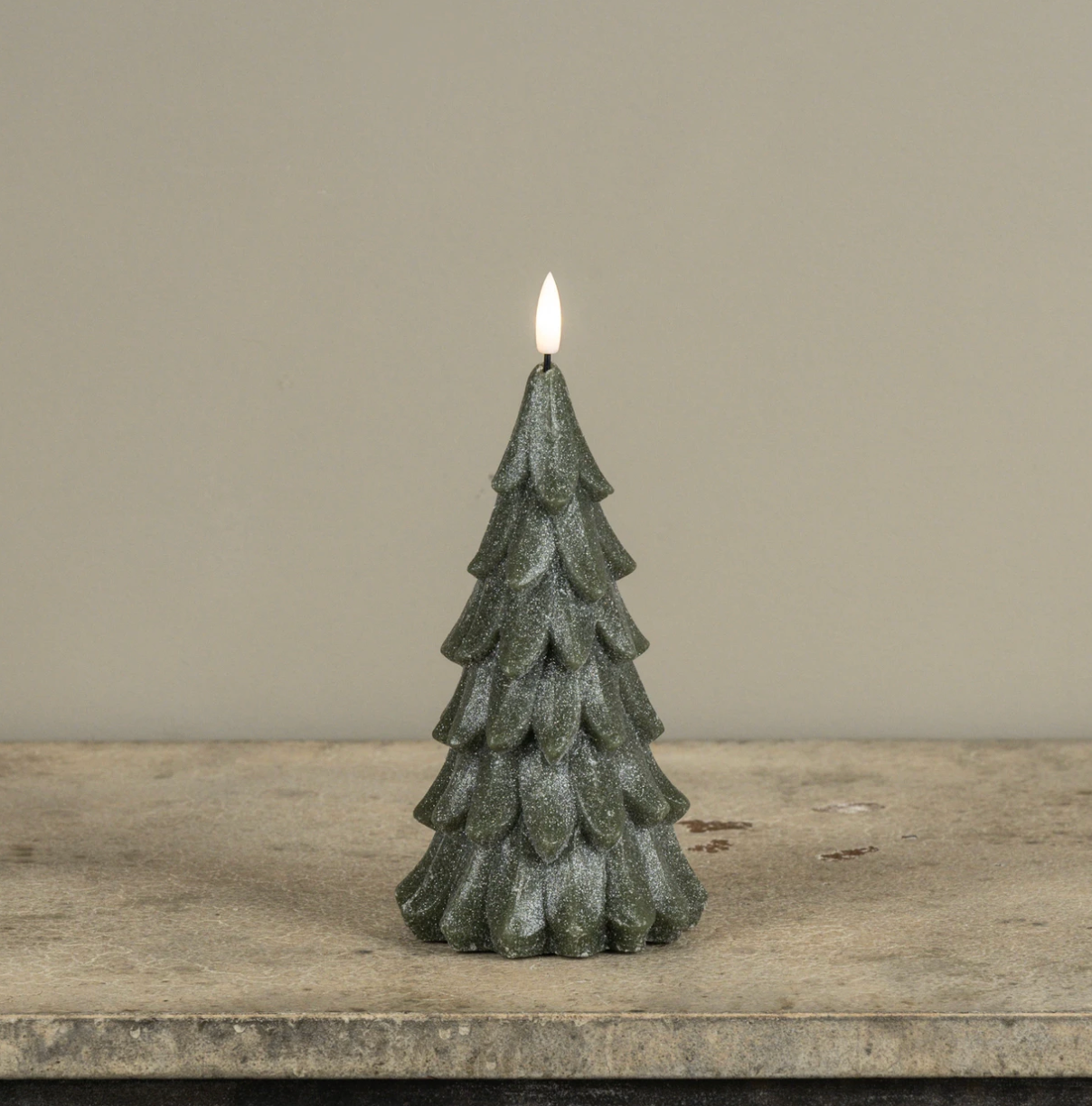 8" GREEN SHIMMER 3D FLAME ALABASTER PINE TREE CANDLE