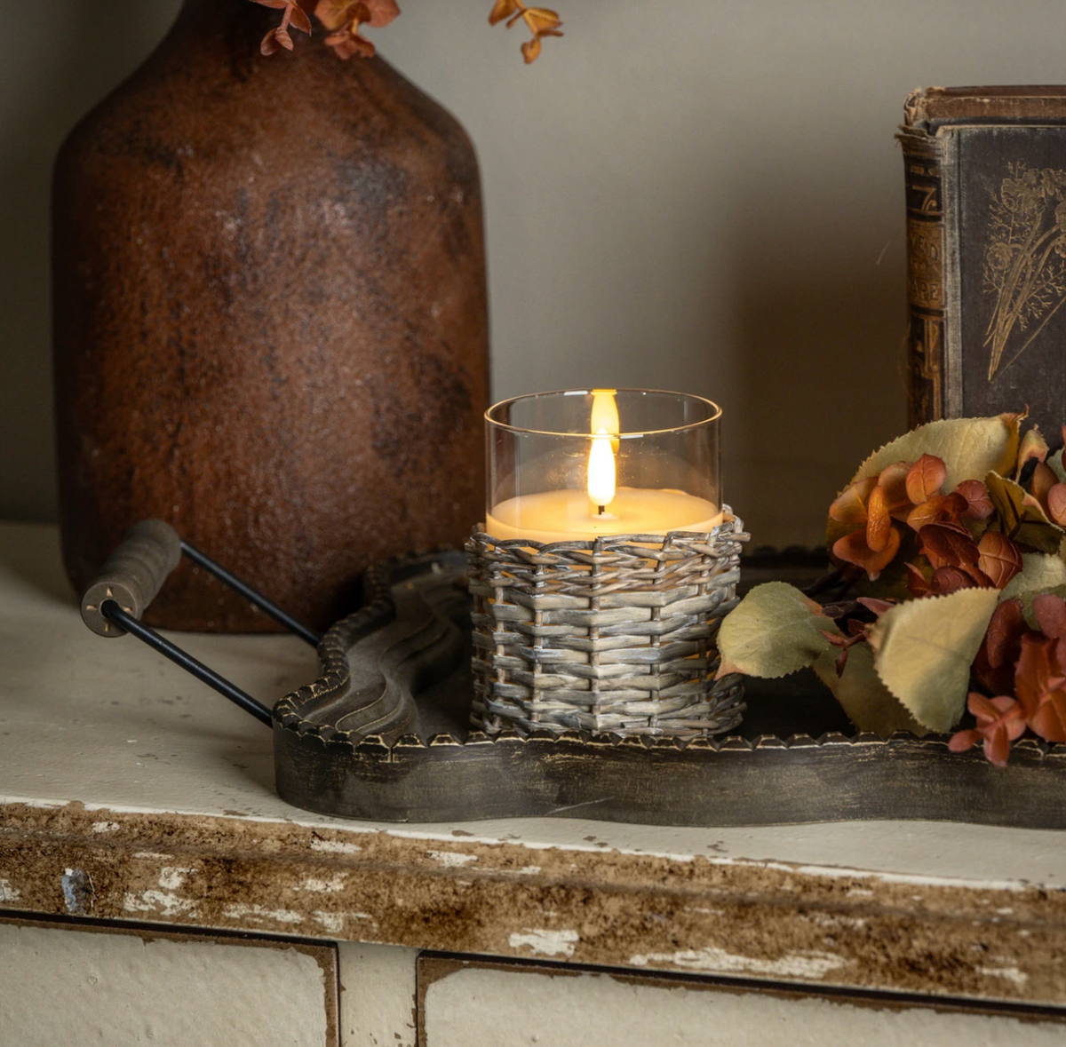 4" WOVEN WICKER GLASS 3 WICK 3D FLAME CANDLE