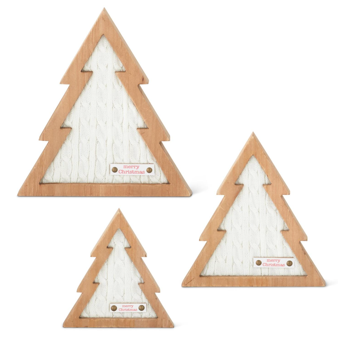 White Knit Center Wood Christmas Trees w/Merry Christmas Tags