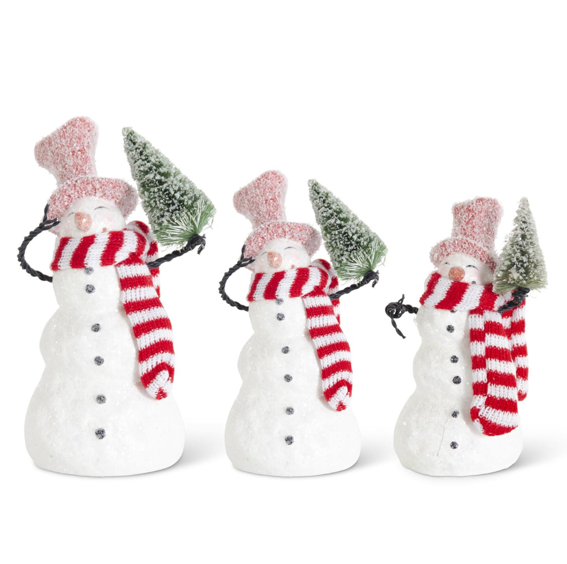 Set of 3 Glittered Snowman Holding Tree w/Stripe