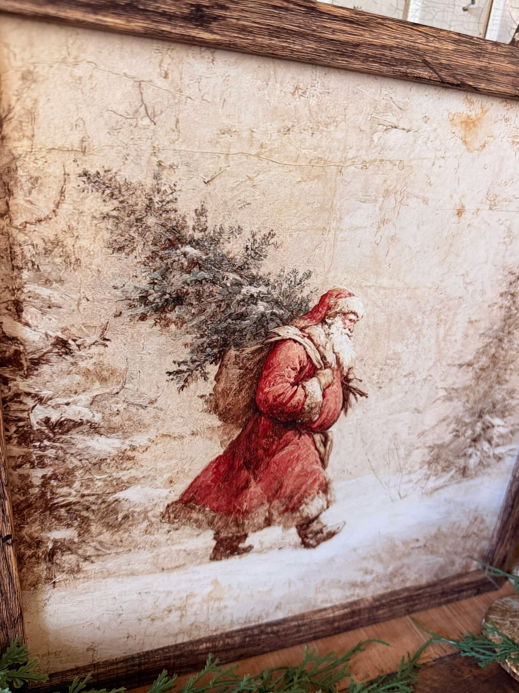 Santa Carrying Christmas Tree Wood Sign