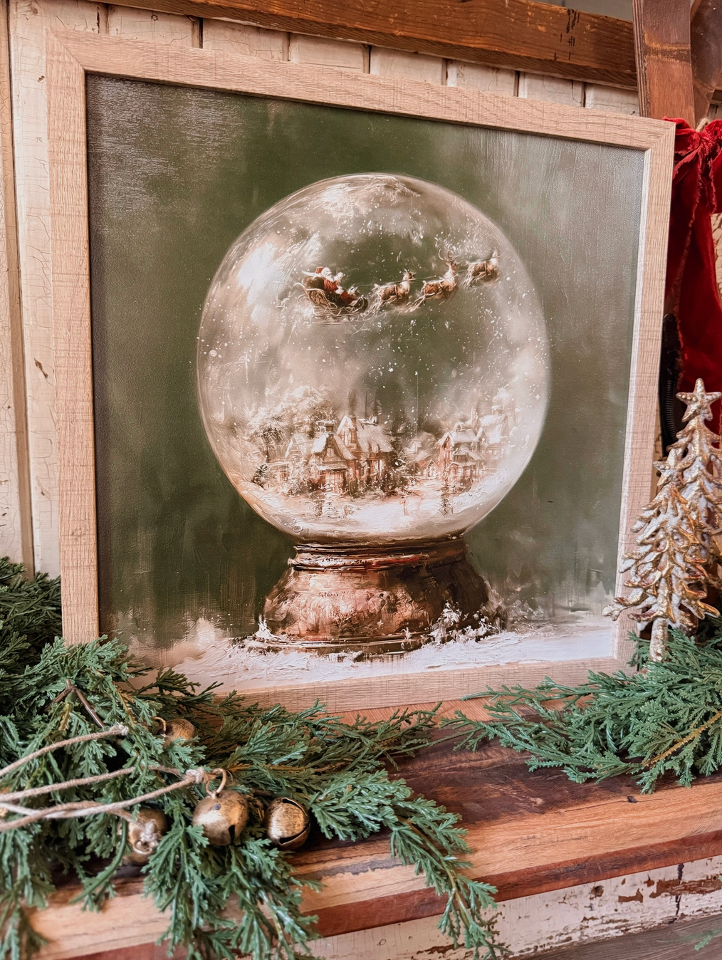 Santa Sleigh Village Snow Globe Wood Sign