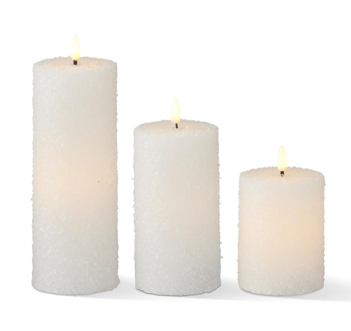 White Snowy LED Pillar Candles w/Timers