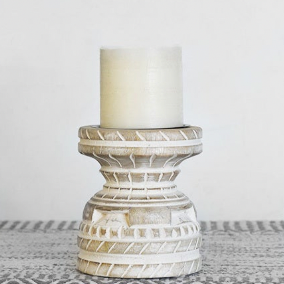 5 INCH CARVED WOOD CANDLE HOLDER