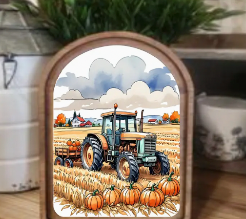 Arch Top Pumpkin Tractor Framed Art