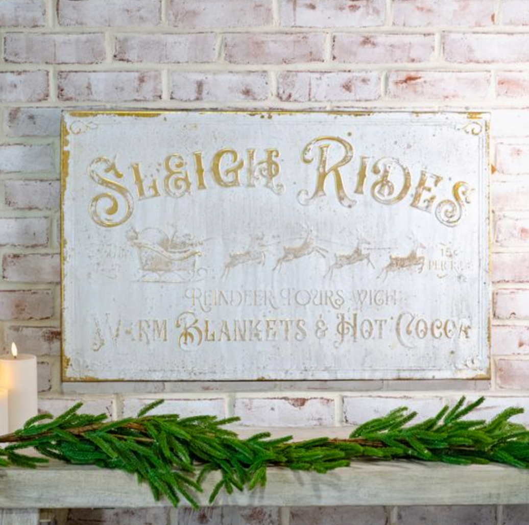 VINTAGE WHITE SLEIGH RIDES SIGN