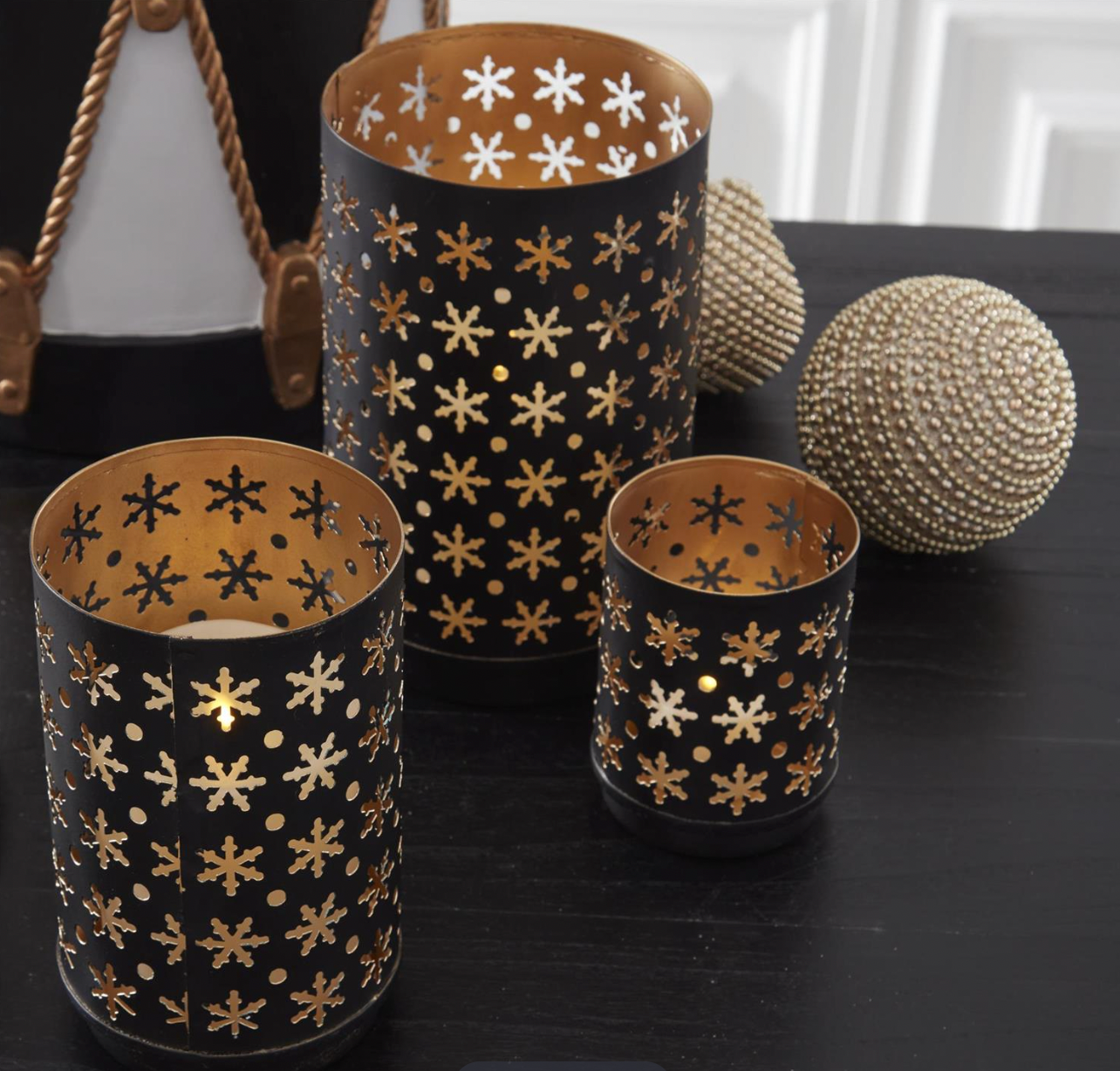 Set of 3 Black Metal Votive Holders w/Snowflake Cut
