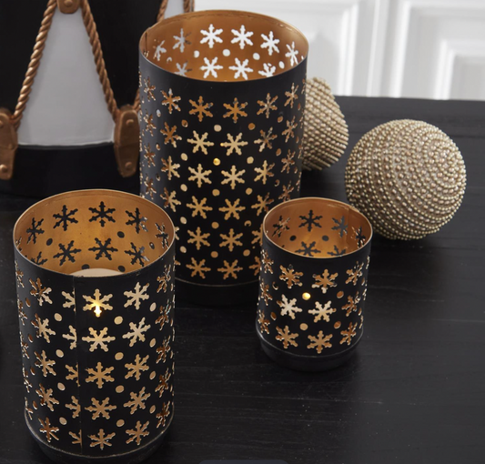 Set of 3 Black Metal Votive Holders w/Snowflake Cut