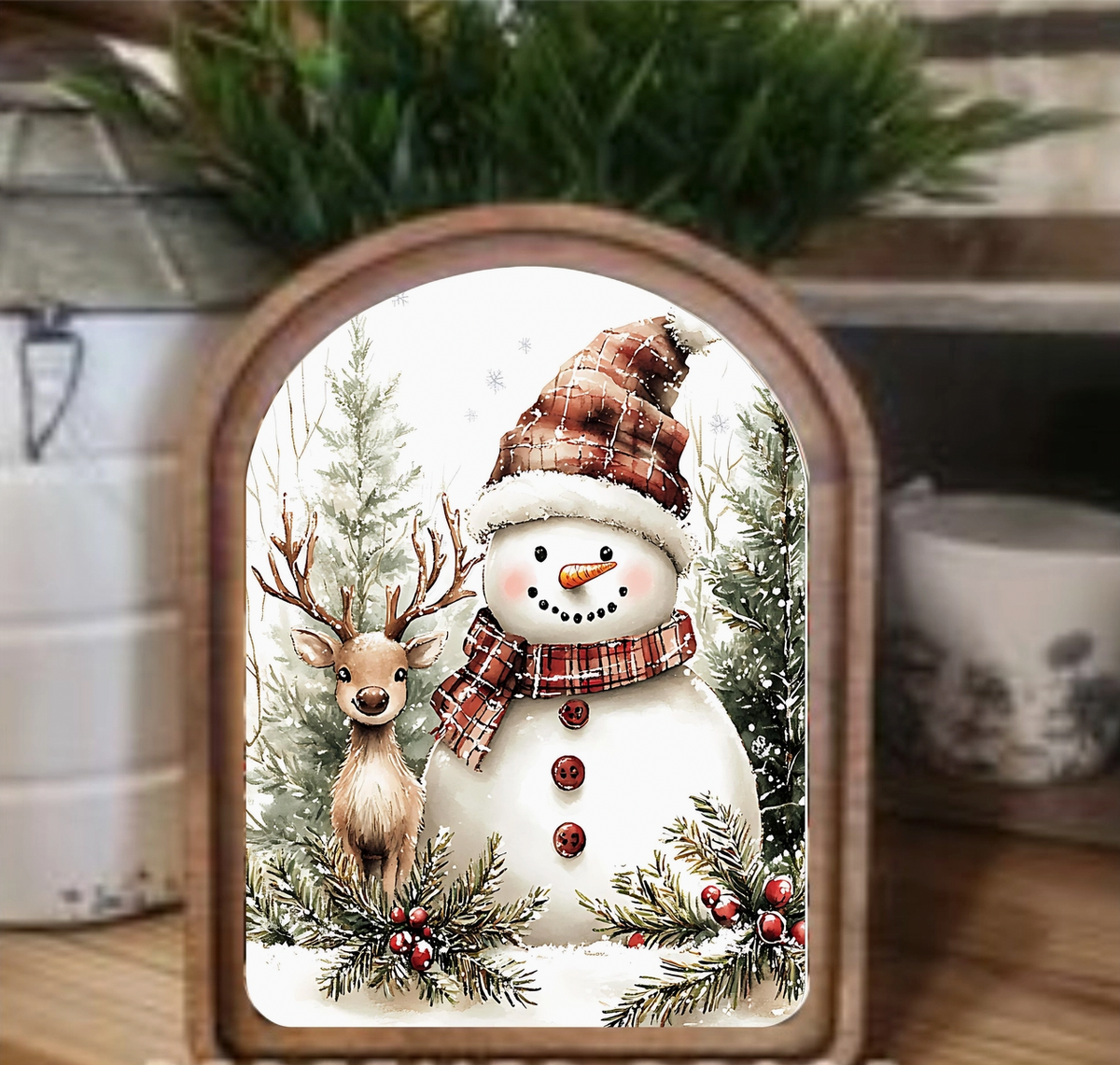 Arch Top Snowman Deer Framed Art
