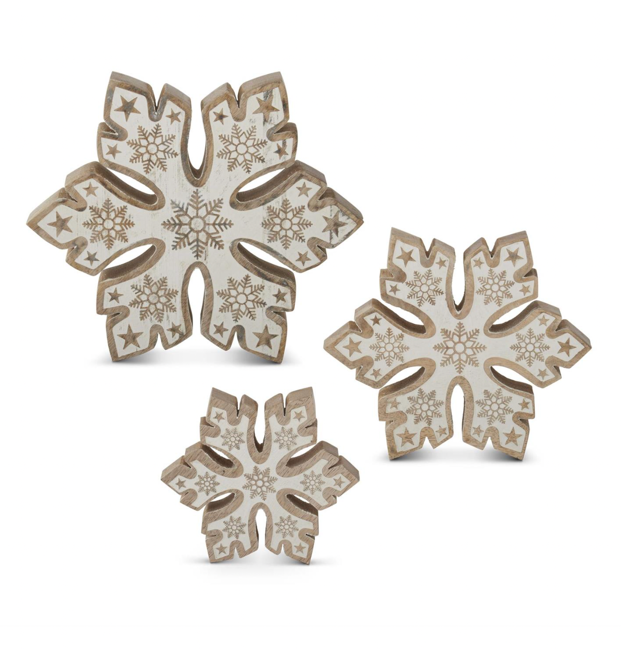 Mango Wood Snowflakes w/White Embossed Centers