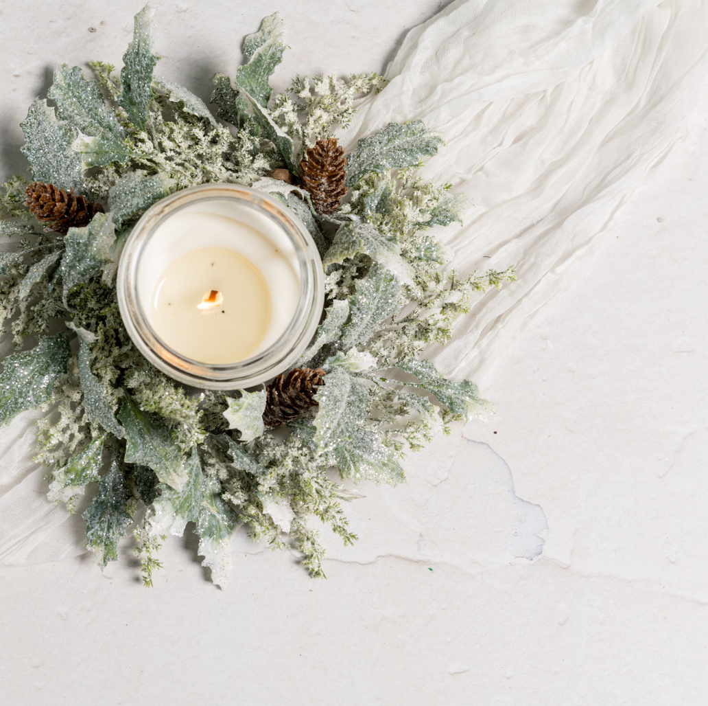 FROSTED HOLLY W/ PINECONES CANDLE RING