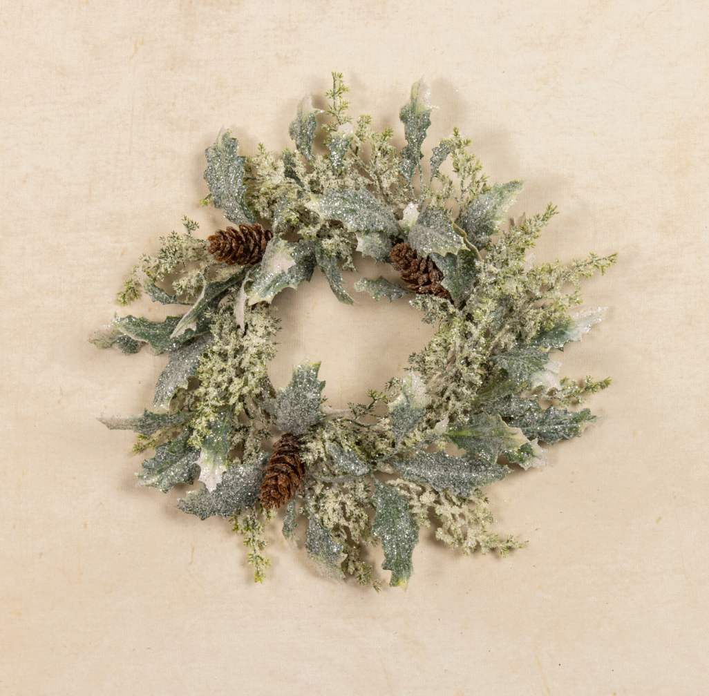 FROSTED HOLLY W/ PINECONES CANDLE RING