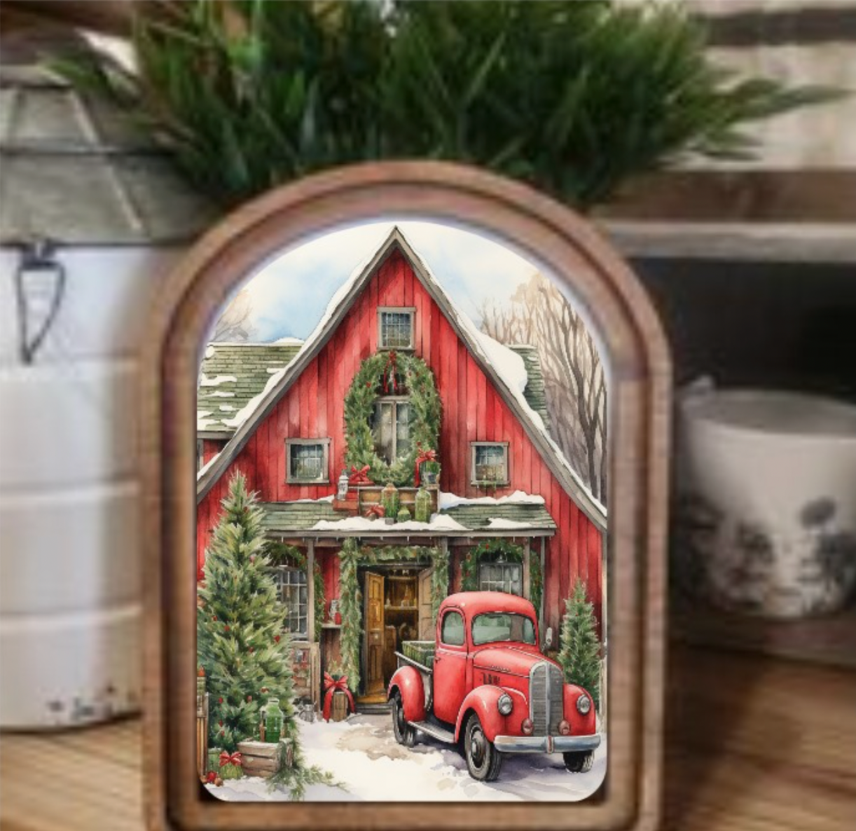 Arch Top Red Christmas Barn Framed Art