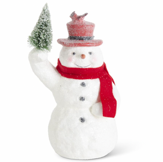 10.25 Inch Sugar Glittered Snowman Holding Tree