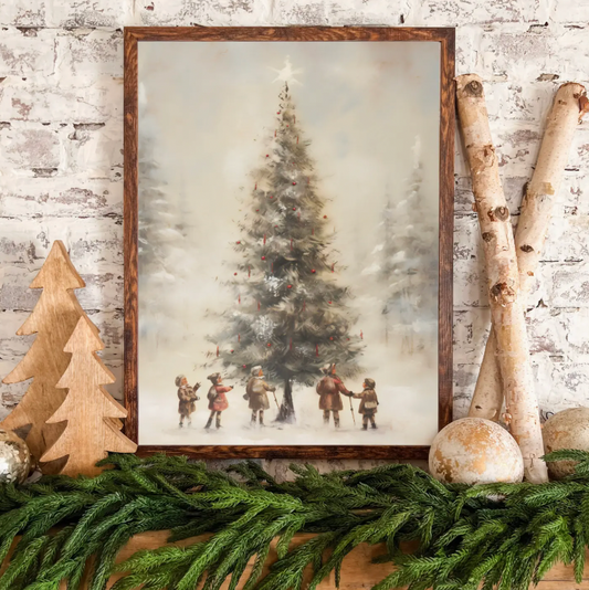 Christmas Tree with Children Vintage Print