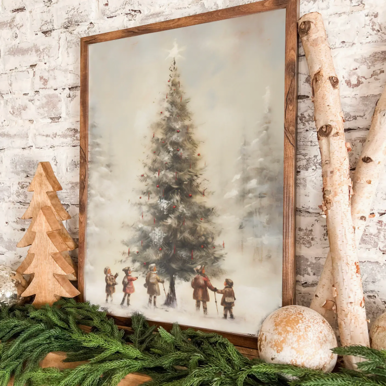 Christmas Tree with Children Vintage Print