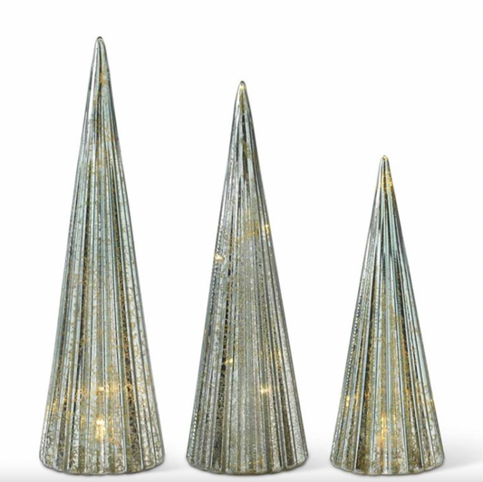 Sage Green Mercury Glass Vertical Ribbed LED Trees w/Timer