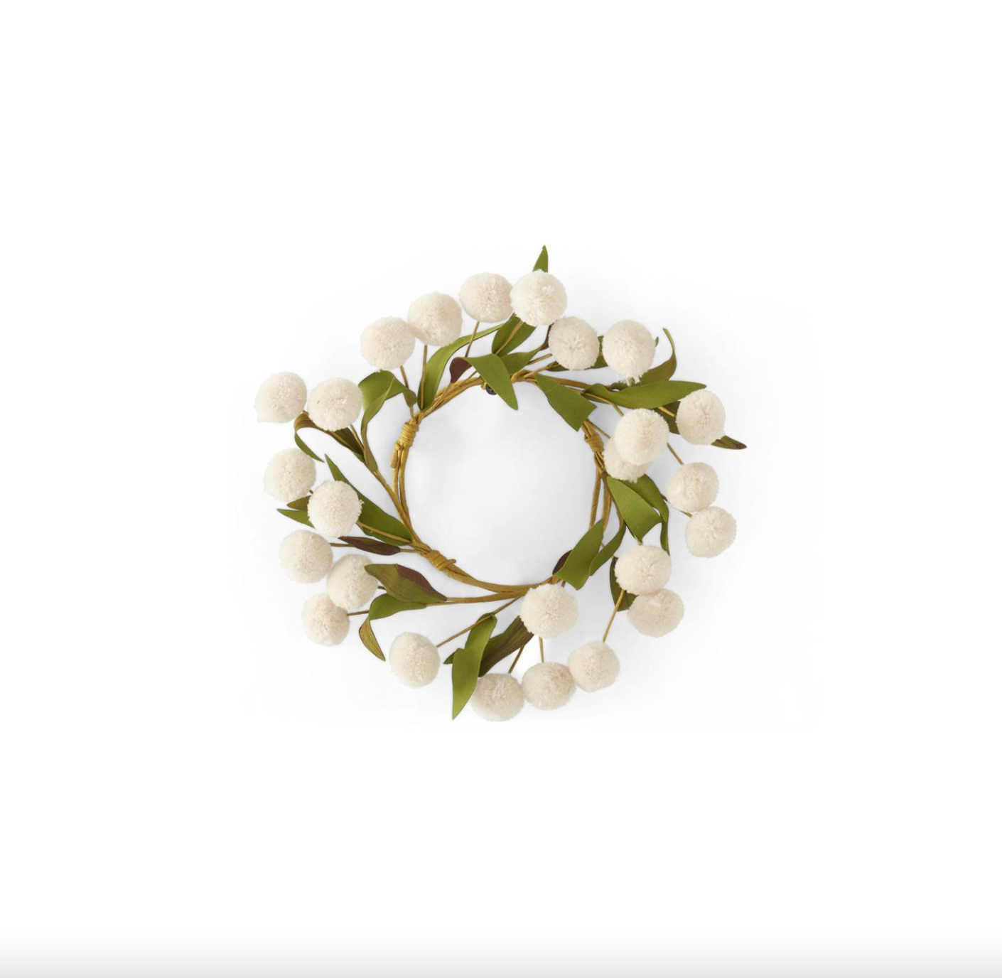 8.5 Inch Cream Pompom w/Green Eva Leaves Candle Ring