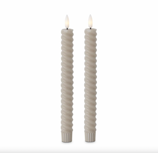 Set of 2 9.75 Inch Taupe Spiral LED Taper Candles w/Timers