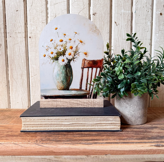 White Daisies in Vase Arched Wood Sign Shelf Sitter