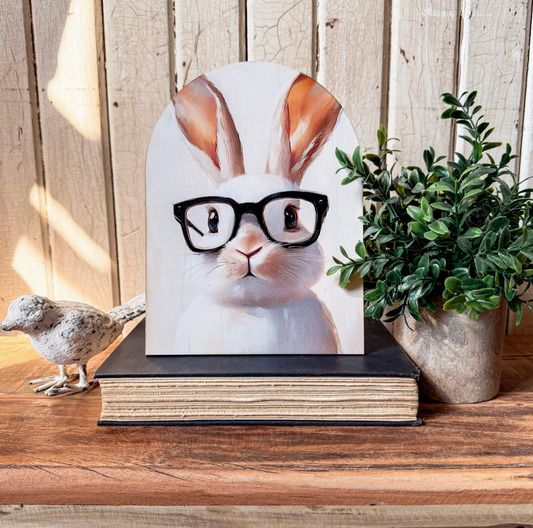 Bunny with Glasses Arched Wood Sign Shelf Sitter
