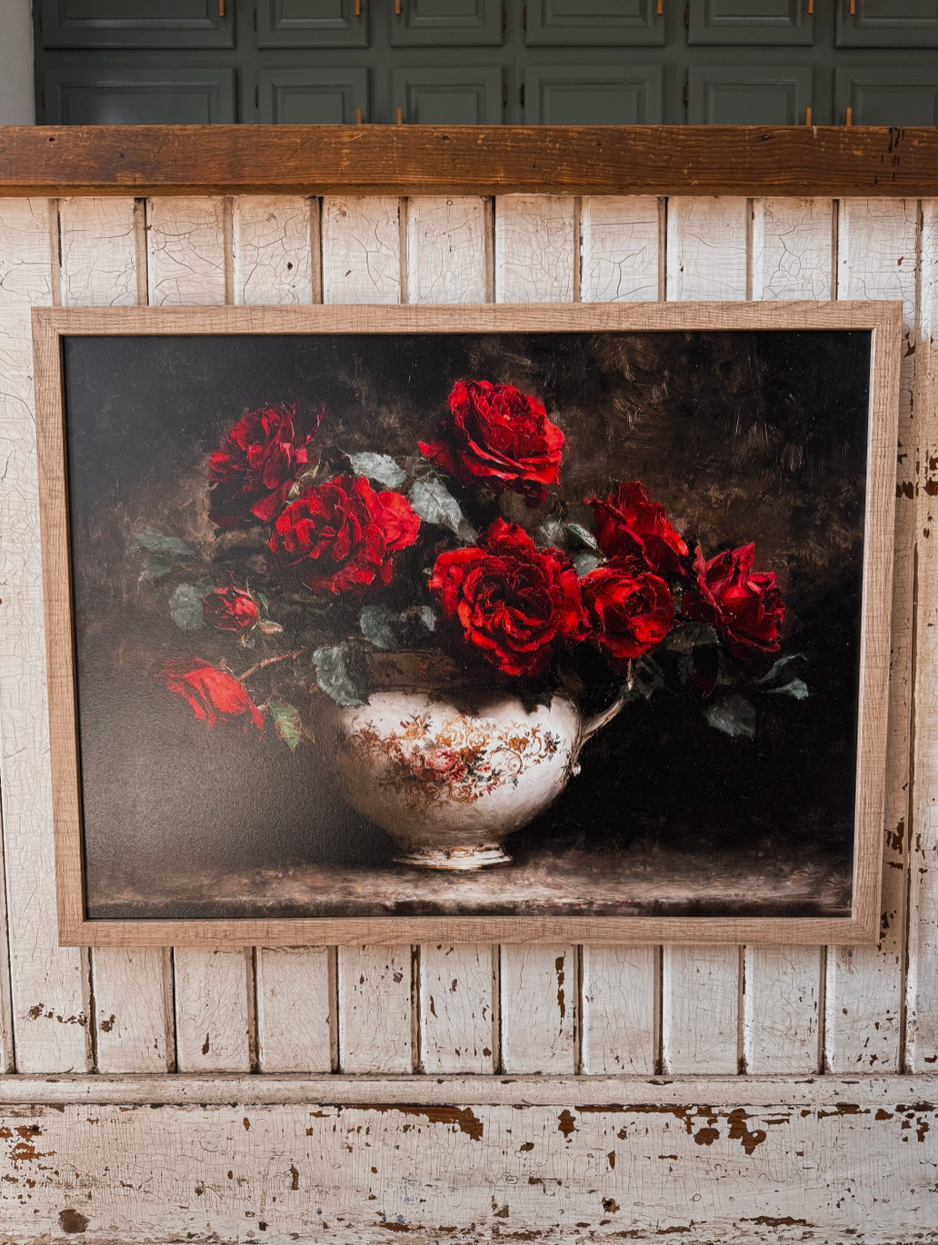 Moody Red Roses in Vintage Vase Wood Sign