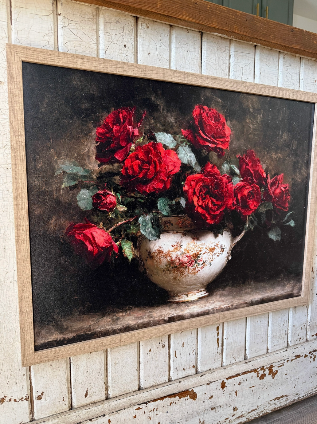 Moody Red Roses in Vintage Vase Wood Sign