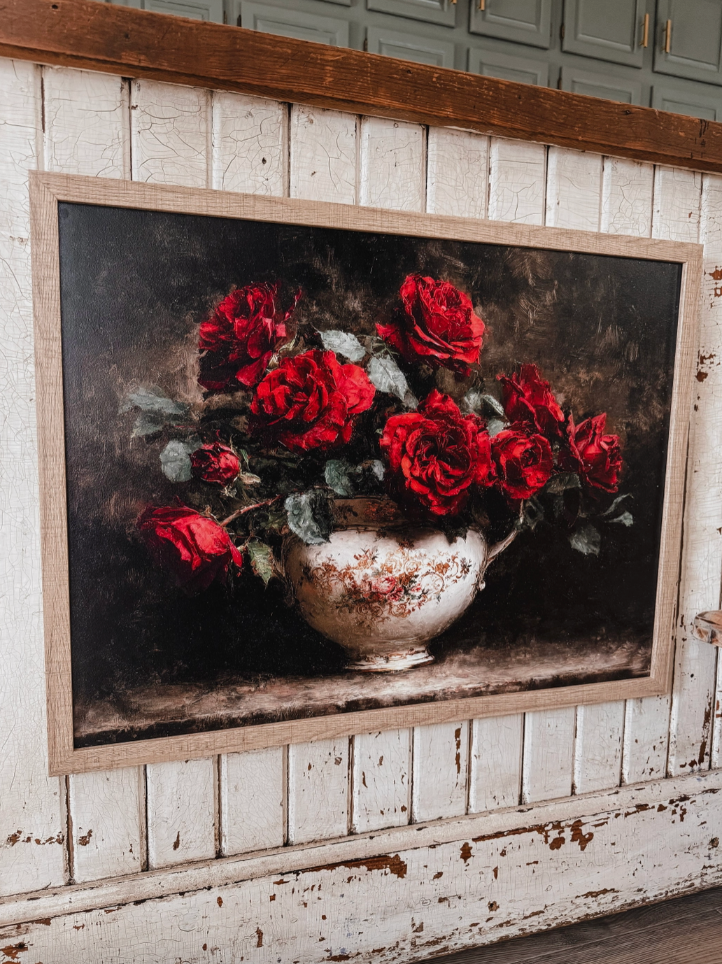 Moody Red Roses in Vintage Vase Wood Sign