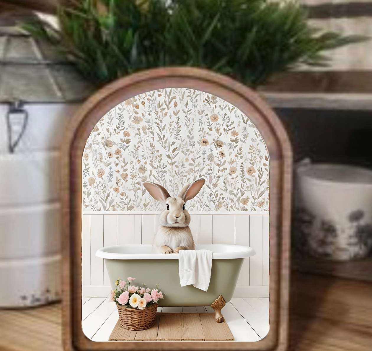 Arch Top Bunny in Tub Framed Art