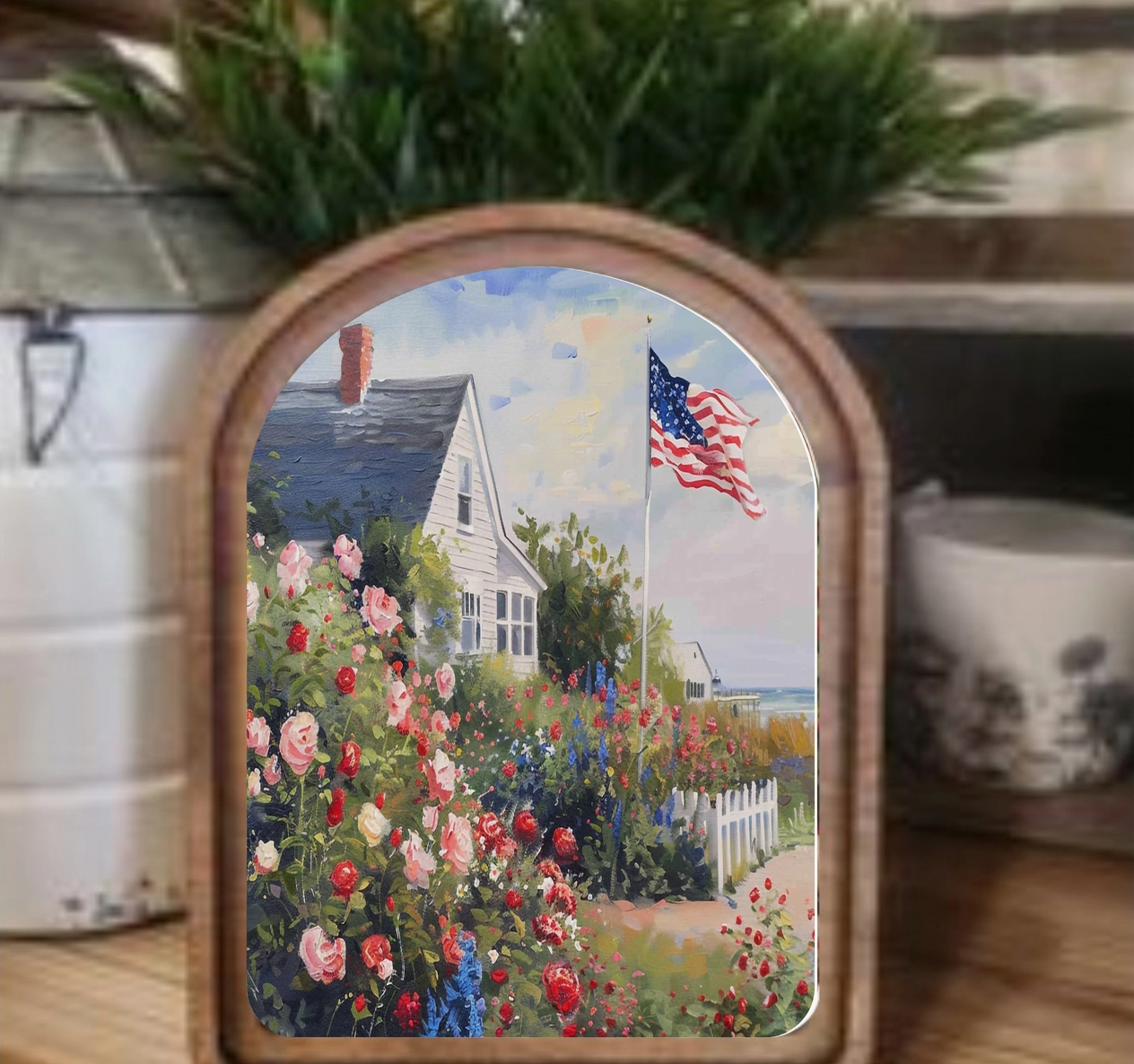 Arch Top Patriotic Beach House Framed Art