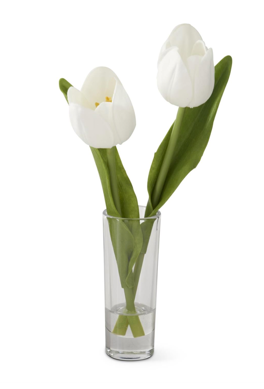8.5 Inch White Real Touch Double Tulip Premade in Glass Vase w/ Faux Water