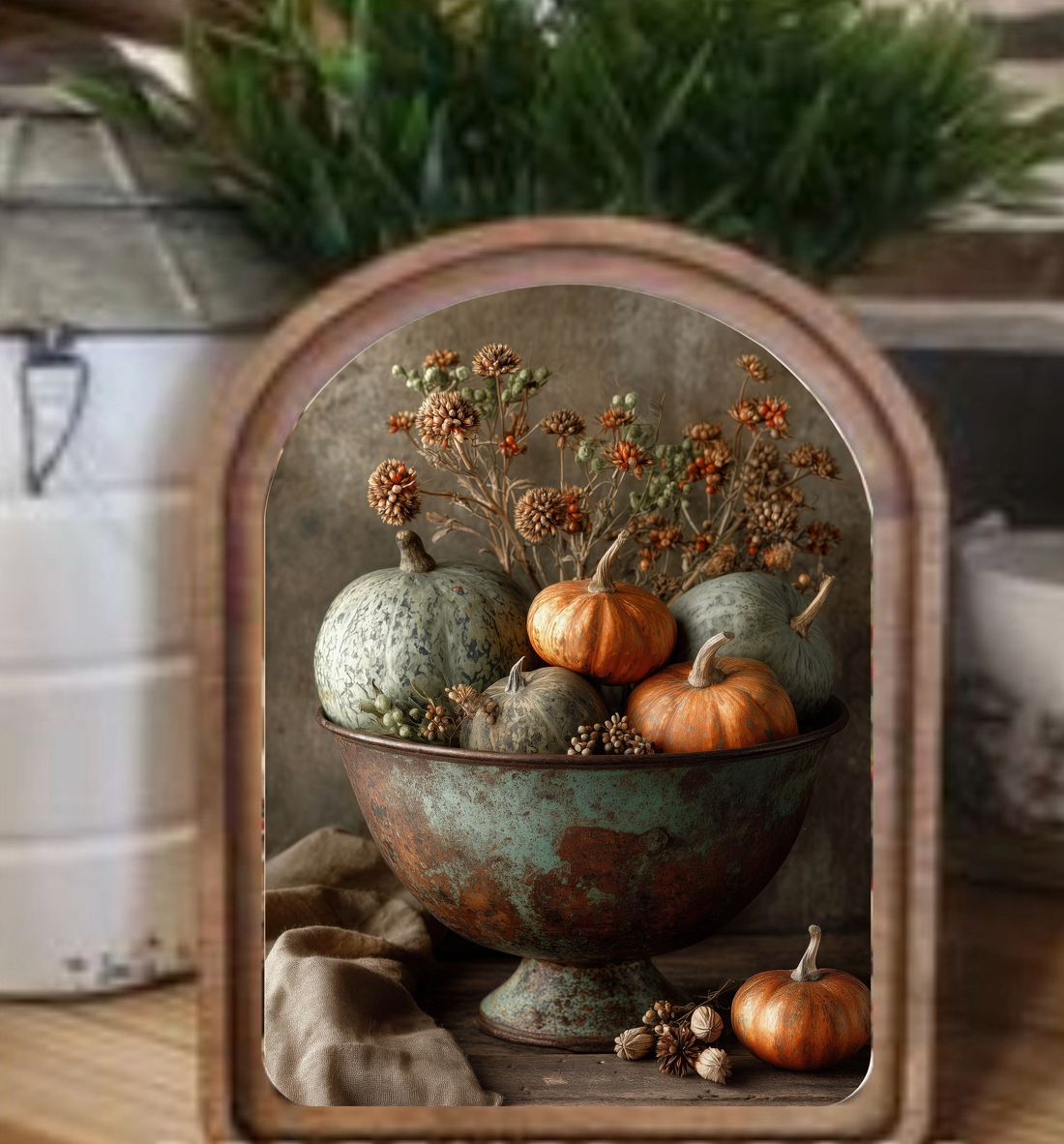 Arch Top Pumpkins in Bowl Framed Art