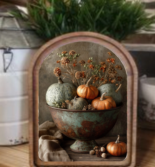 Arch Top Pumpkins in Bowl Framed Art