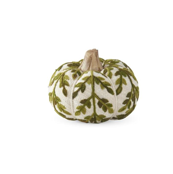 Cream & Green Foliage Knit Pumpkin w/Wood Stem