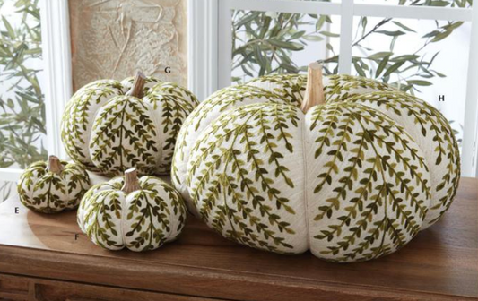 Cream & Green Foliage Knit Pumpkin w/Wood Stem