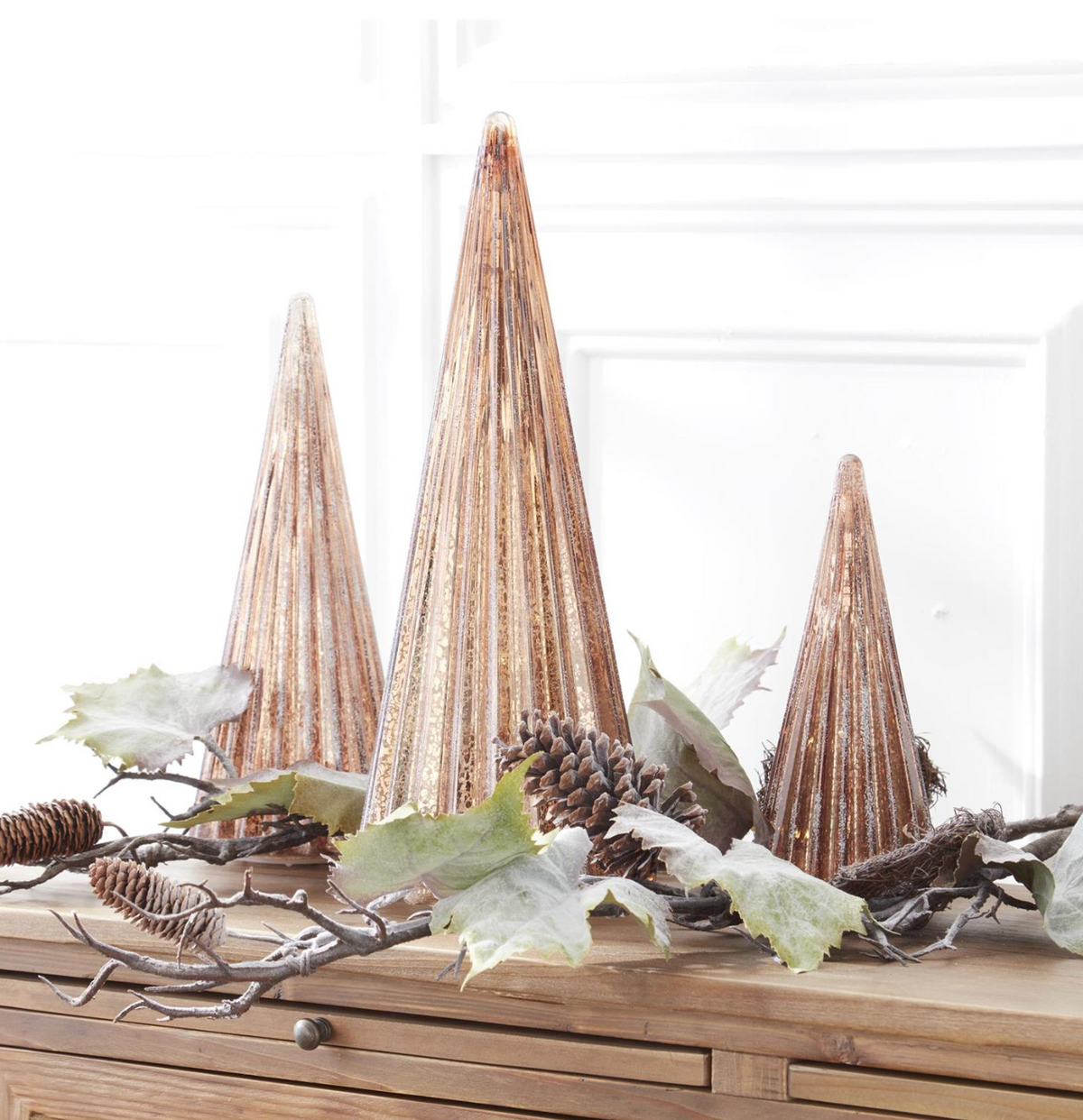 Set of 3 Ribbed Frosted Copper LED Mercury Glass Trees w/Timers