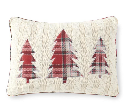 14 Inch Cream Cable Knit Pillow w/3 Plaid Trees