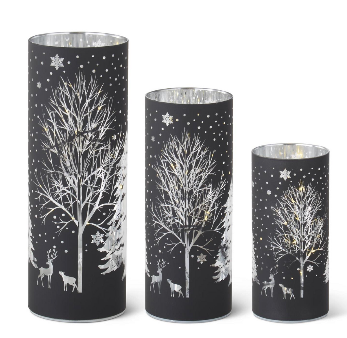 Set of 3 Black Laser Engraved Winter Scene LED Cylinders w/Timers
