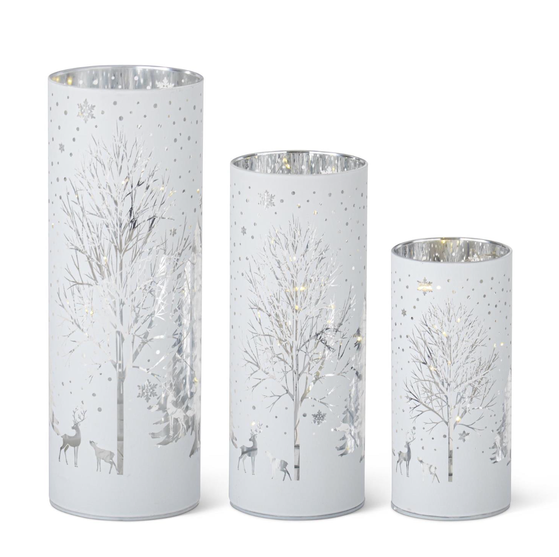 Set of 3 White Laser Engraved Winter Scene LED Cylinders with Timer