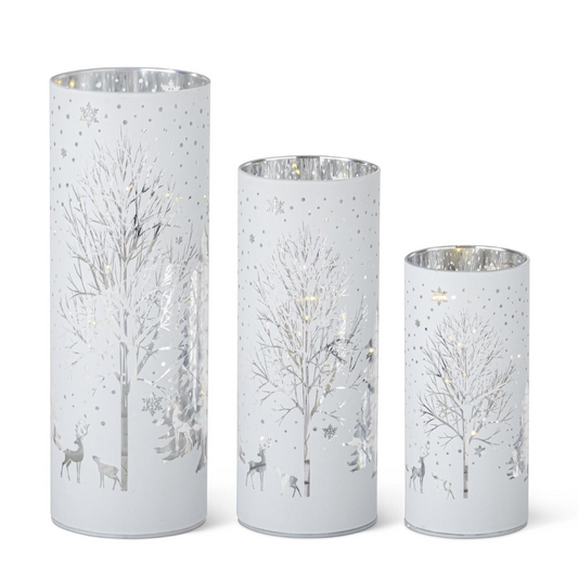 Set of 3 White Laser Engraved Winter Scene LED Cylinders with Timer