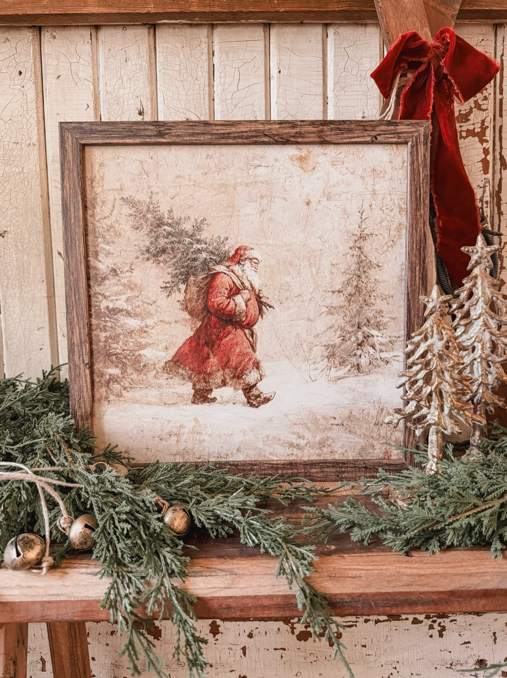 Santa Carrying Christmas Tree Wood Sign