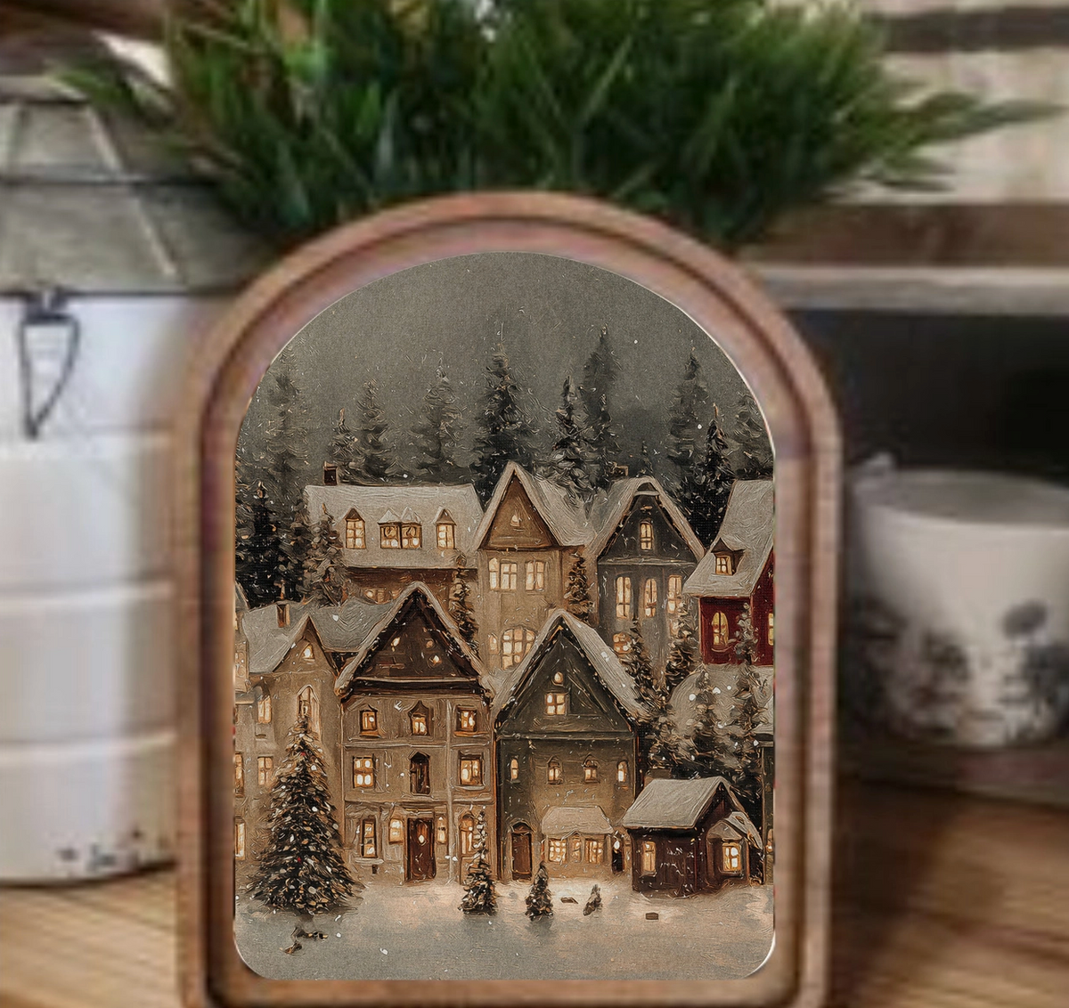Arch Top Snowy Christmas Village Framed Art