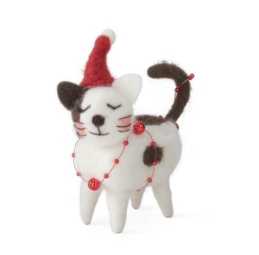 4.5 Inch Wool Cat w/Red Hat Ornament